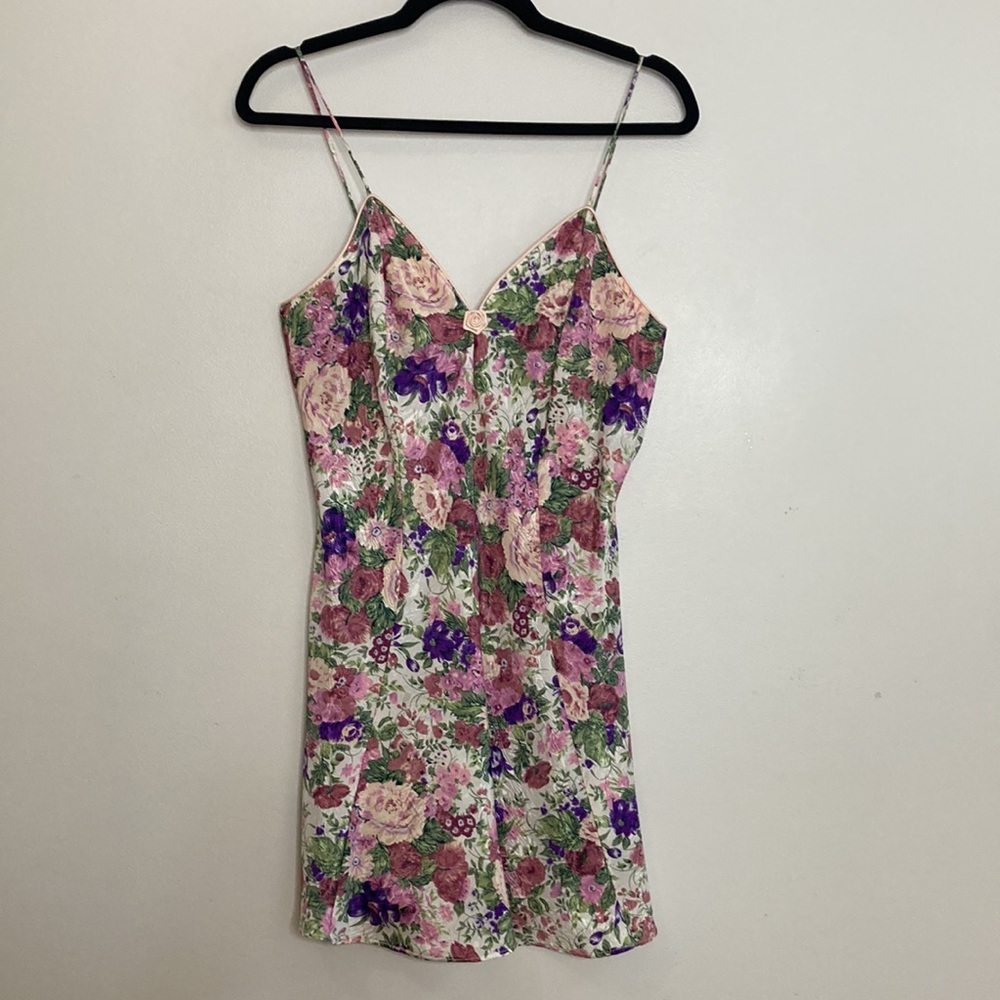 Vintage 90s Lingerie Set Womens Medium Pink Floral Satin Slip Dress Robe Bride